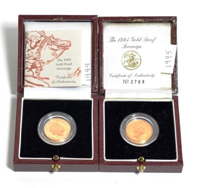 Lot 145 - Elizabeth II (1952-), Proof Sovereigns (2), 1995 and 1999, in Royal Mint cases of issue with...