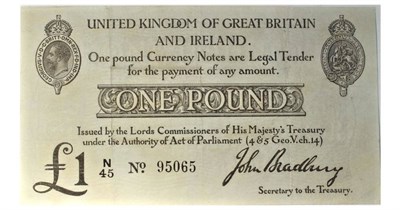 Lot 188 - Great Britain, Treasury £1, Bradbury, 1914, second issue, black on white, prefix N45, (T11). Light