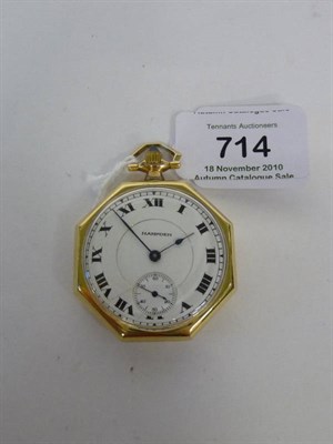 Lot 714 - An Octagonal Open Faced Keyless Lever Pocket Watch, signed Hampden, circa 1920, 17-jewel lever...