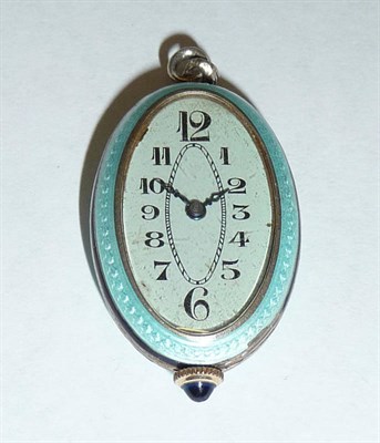 Lot 715 - An Enamel Art Deco Pendant Watch, nickel finished lever movement, turquoise coloured dial with...