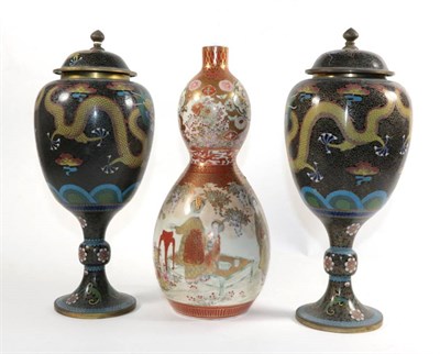 Lot 5 - A Japanese Kutani gourd vase; and a pair of cloisonne vases and covers (3)