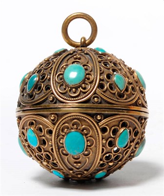 Lot 718 - A Turquoise Cabochon Mounted Gilt Metal Pomander, of pierced spherical form, with horizontal...