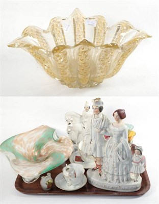 Lot 10 - A large gilt Murano bowl; two Staffordshire figures; six small drinking glasses; crested china etc