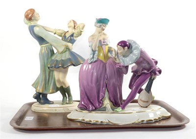 Lot 19 - A Royal Dux group of dancers and a Harlequin group (2)