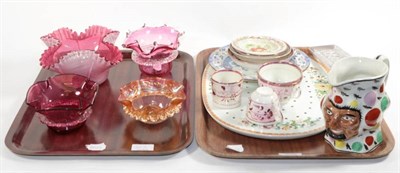 Lot 20 - A Nailsea bowl; three dishes; a Pearlware face jug; and a Wedgwood drainer etc
