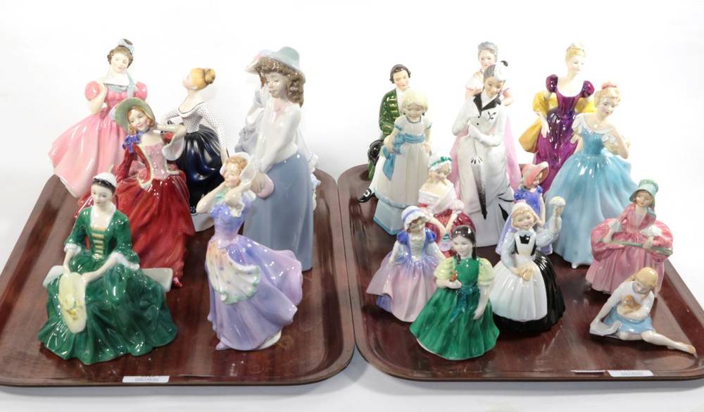 Lot 30 - A quantity of Royal Doulton figures, a Royal Worcester figure and a Nao figure (two trays)
