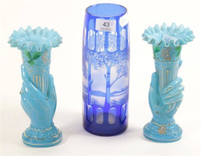Lot 43 - A cameo blue glass vase; and a pair of Victorian trumpet hand form vases