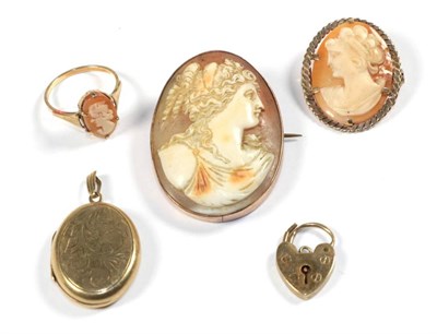 Lot 49 - A Victorian cameo brooch with 9 carat gold mount, measures 2.8cm by 2.4cm; a cameo...