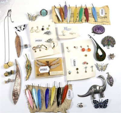 Lot 61 - A collection of fifteen sterling silver and enamelled feather brooches, of various colours; a...
