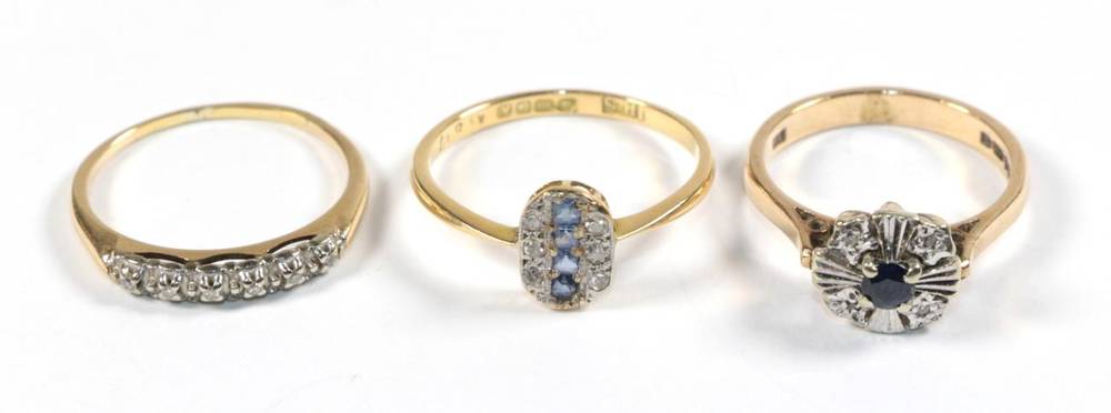 Lot 63 - A six stone diamond ring, marks rubbed, finger size M; a 9 carat gold sapphire and diamond...
