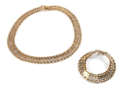 Lot 66 - A fancy link necklace and matching bracelet, stamped '585', necklace length 44cm, bracelet...