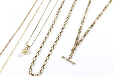 Lot 67 - A pendant on a 9 carat gold chain, length 40cm; a 9 carat gold chain, length 47cm; an unmarked...