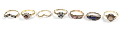 Lot 68 - Six 9 carat gold dress rings set with various coloured stones, varying sizes (one a.f.); and a ruby