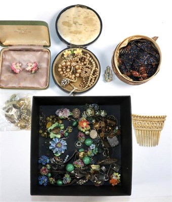 Lot 73 - Costume and other jewellery including two pairs of pearl type drop earrings, 1920s bead...
