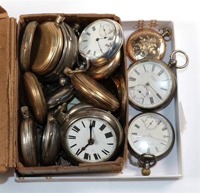 Lot 74 - A box of watch cases; four silver pocket watches; and a Waltham hunter pocket watch