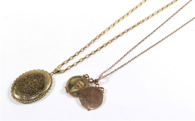 Lot 78 - A 9 carat gold locket on a chain with applied plaque stamped '9C', chain length 44cm; and another 9