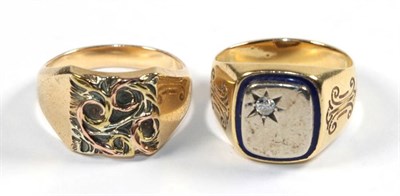 Lot 83 - A 9 carat gold signet ring, finger size S1/2; and another inset with a diamond, stamped '750',...
