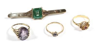 Lot 85 - Three gemset rings stamped '18CT', finger size N, '14K', finger size O and one indistinctly marked