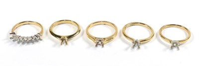Lot 86 - Five 18 carat gold vacant ring mounts, finger sizes K1/2, N, N, N and N1/2, (5)