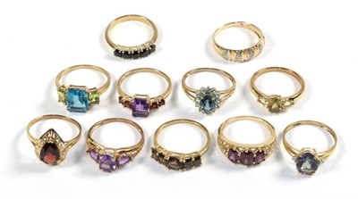 Lot 90 - Eleven 9 carat gold gemset dress rings, of various sizes