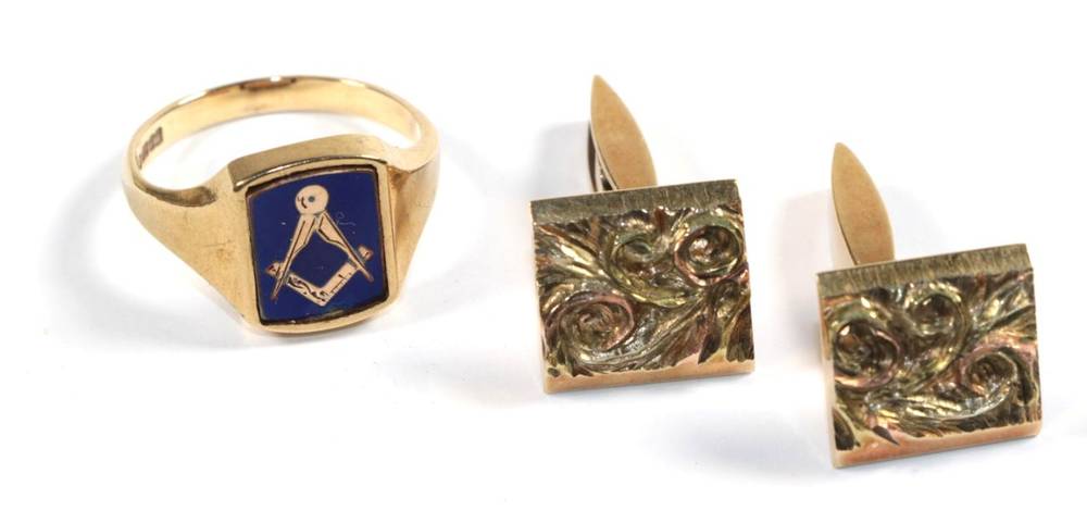 Lot 94 - A pair of 9 carat gold cufflinks and a 9 carat gold signet ring, finger size S1/2 (2)