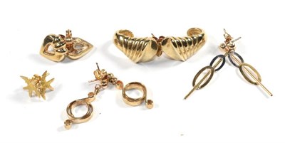Lot 100 - Five pairs of 9 carat gold earrings including two pair of drop earrings and three pairs of stud...