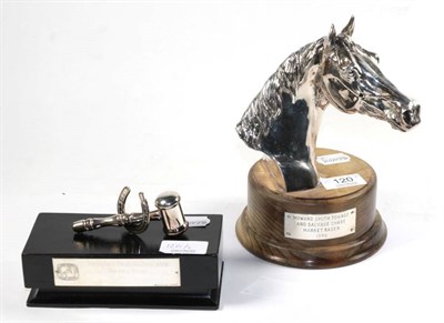 Lot 120 - A silver horse racing trophy in the form of a horses head, mounted on wooden plinth with...
