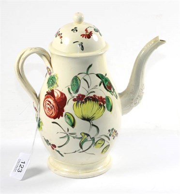 Lot 123 - A creamware coffee pot and cover, circa 1770, of baluster form with entwined handles, painted...