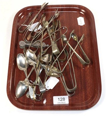 Lot 128 - A quantity of silver and plated sugar nips together with a set of five Georgian silver tea spoons