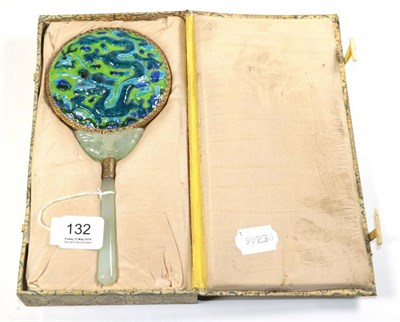 Lot 132 - A cased Chinese jade and enamel hand mirror, 20th century