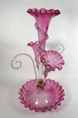 Lot 134 - A Victorian cranberry glass epergne