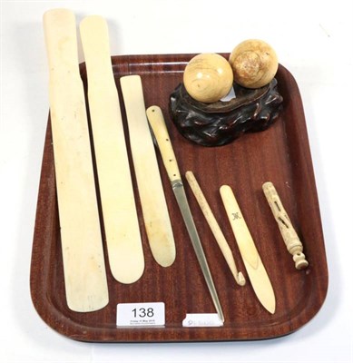 Lot 138 - Three ivory page turners; two Victorian ivory snooker balls; letter opener; Stanhope viewers etc