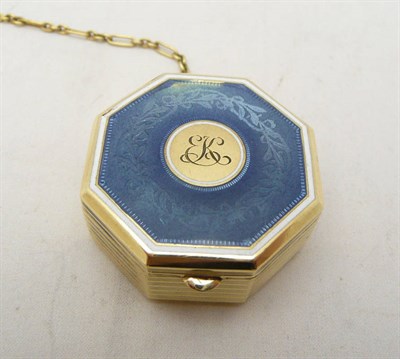 Lot 731 - A 14 Karat Gold and Enamel Octagonal Pill Box, stamped "Tiffany & Co", the lid with blue enamel...