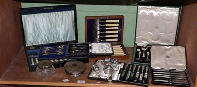 Lot 143 - Silver comprising: two cased sets of six silver handled fruit knives, a cased set of six coffee...