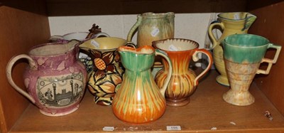 Lot 155 - Two Sunderland lustre jugs (a.f.); seven assorted pottery jugs; and a bowl