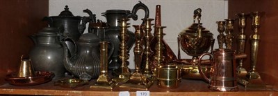 Lot 170 - A collection of 19th century brass and pewter wares including three pairs of brass...