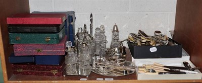 Lot 173 - A shelf of silver plated, mostly flatware (some cased), cruet sets, etc