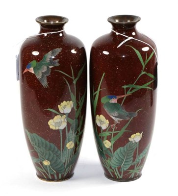 Lot 229 - A pair of Japanese Cloisonné enamel vases, Meiji period, of baluster form, decorated with...