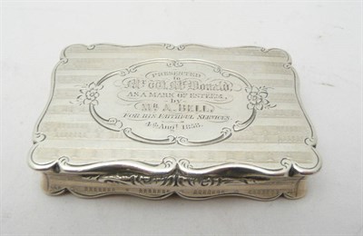 Lot 741 - A Victorian Snuff Box, Nathaniel Mills, Birmingham 1849, shaped rectangular, with presentation...