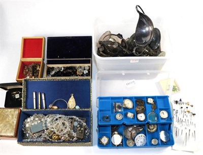 Lot 243 - A small group of watch movements and watches, silver plate and silver condiments and a small...