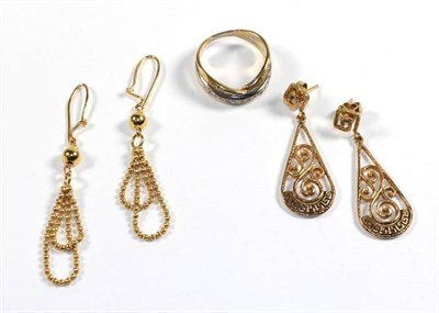 Lot 250 - A pair of drop earrings, stamped '750'; another pair stamped '585'; and a diamond set twist...