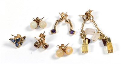 Lot 265 - Five pairs of 9 carat gold earrings including two pairs of drop earrings, three pairs of gem...