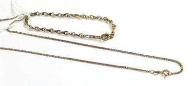 Lot 278 - A 9 carat gold two colour bracelet, length 18.5cm; and a 9 carat three colour gold necklace, length