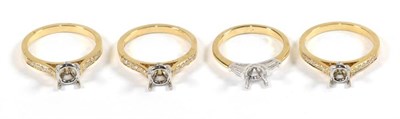 Lot 280 - Four 18 carat gold vacant ring mounts, with diamond set shoulders, finger sizes K1/2, N, N and...