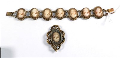 Lot 300 - A cameo link bracelet, length 17cm; and a cameo brooch (2)