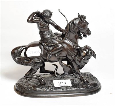 Lot 311 - A 19th century bronze after the antique of a mounted huntress firing her bow at a puma