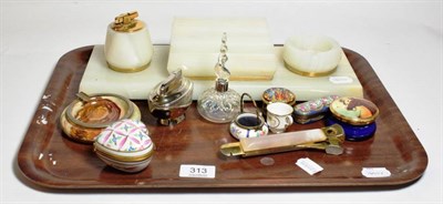 Lot 313 - A Betjemann's patent white onyx table top smoker's companion set together with a quartz mounted...