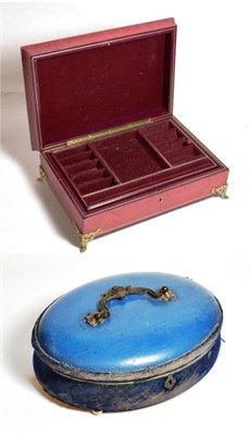 Lot 315 - A 19th century blue painted oval jewellery casket together with a later red leather example