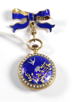 Lot 344 - A ladies silver gilt blue enamel split pearl set fob watch with attached blue enamel bow brooch...