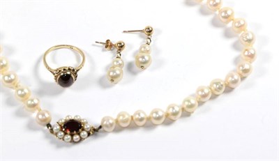 Lot 345 - A cultured pearl necklace with a 9 carat gold garnet and cultured pearl clasp, length 46.5cm; a...